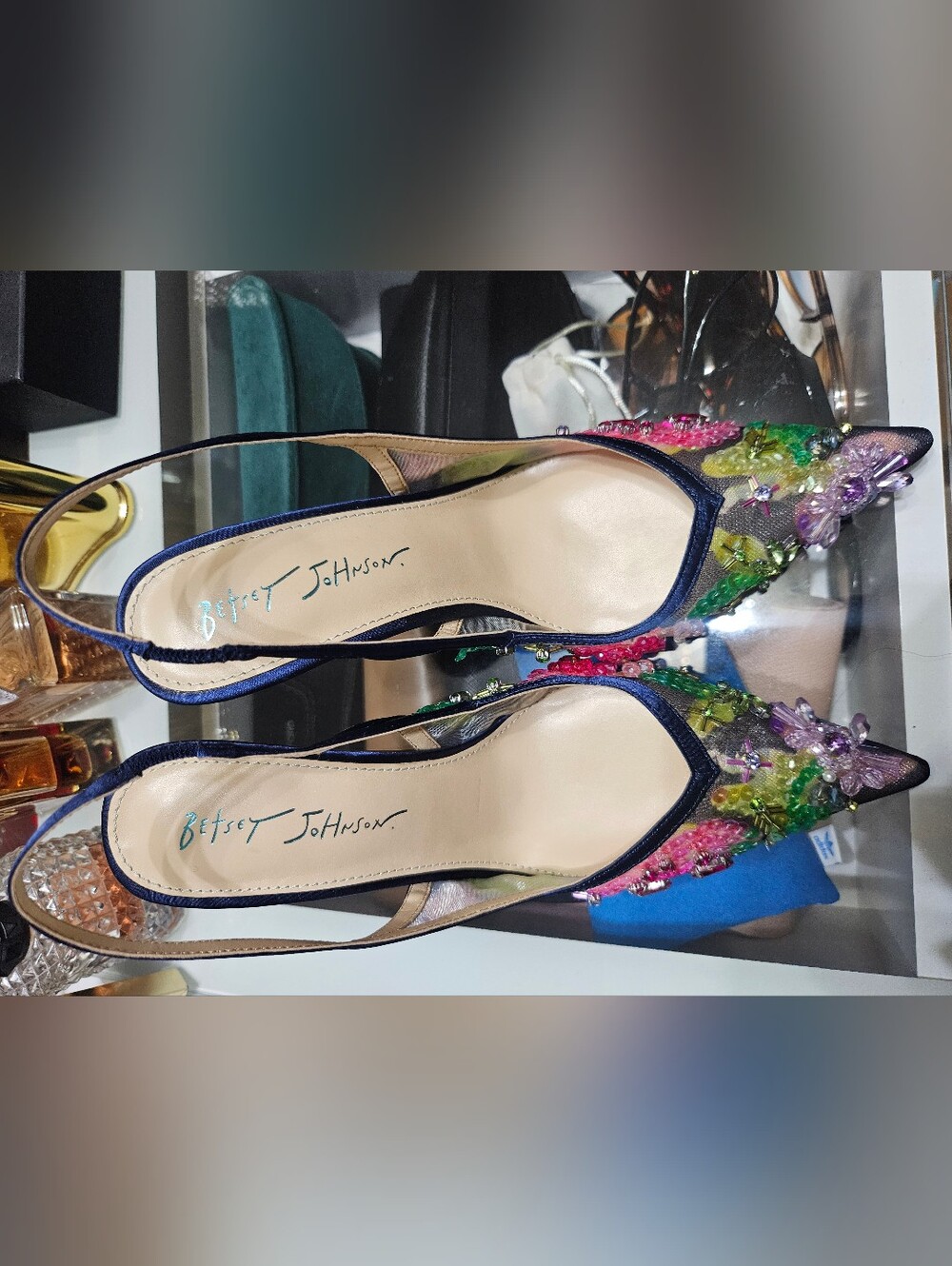 Betsey Johnson Navy Slingback Pump with Multicolor Sequin Floral Embellishments - Picture 2 of 6